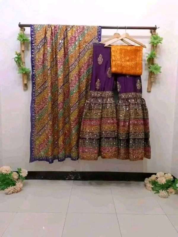 3 Piece Suits With Garara, Banarsi Shirt and Fancy Shawl - Image 9