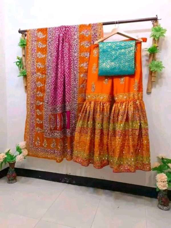 3 Piece Suits With Garara, Banarsi Shirt and Fancy Shawl - Image 5